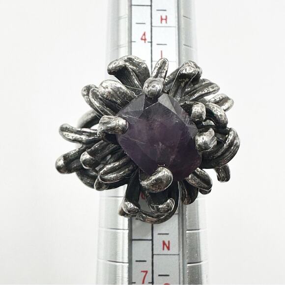 Lucky Brand Antique Look Distressed Silver Purple Boho Ring Adjustable Size 5-7 - Picture 4 of 10